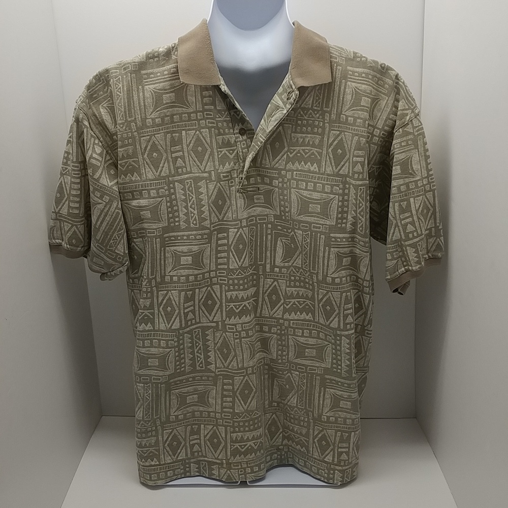 Bugle Boy Co. men's vintage short sleeve polo shirt large browns geometric print